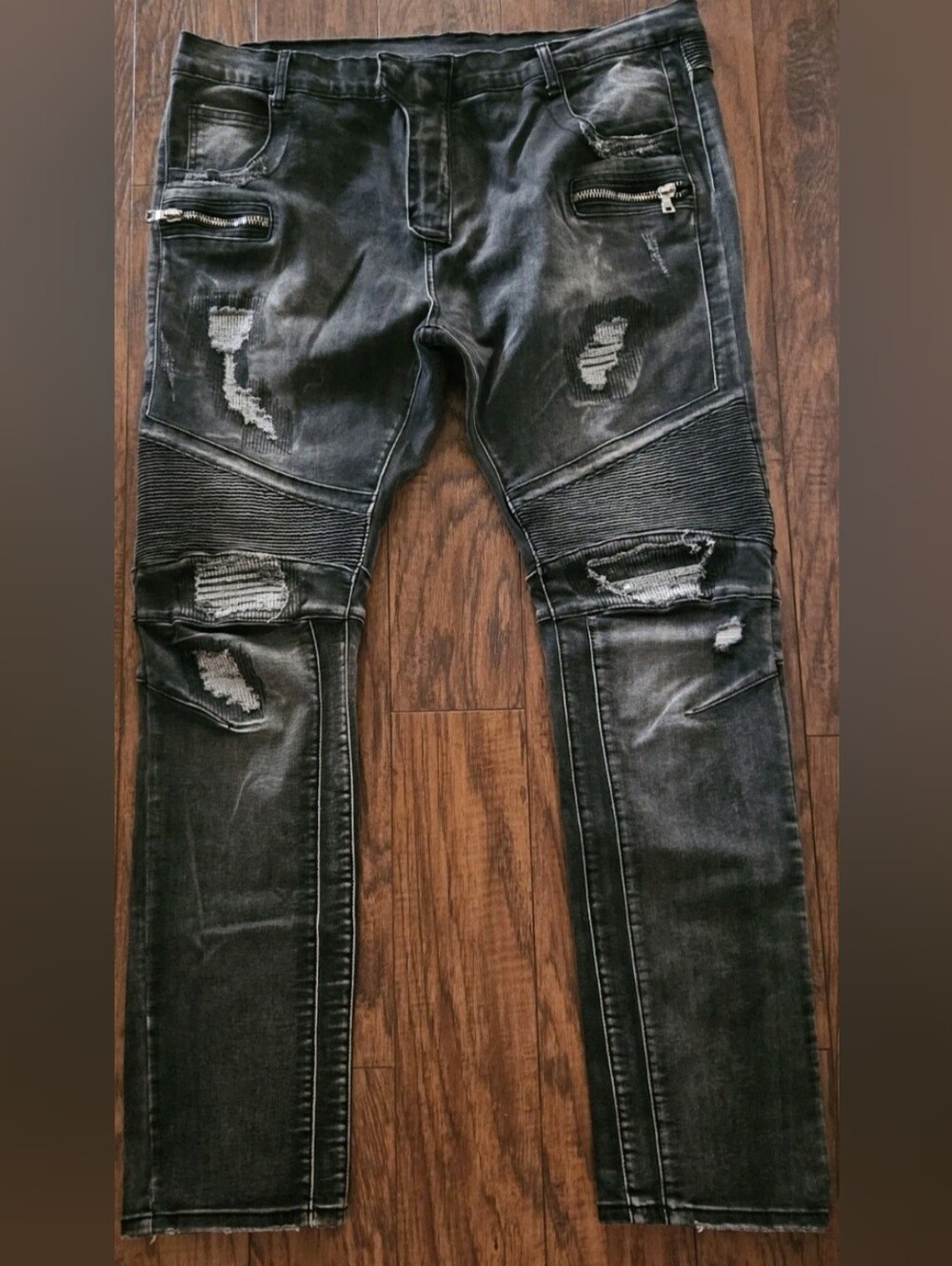 Balmain Men's Black Distressed Biker Denim Jeans Slim Fit